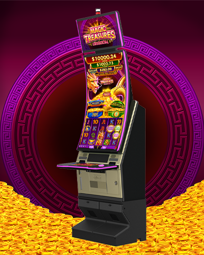 IGT's PeakCurve49 video slot cabinet featuring Magic Treasures on a purple background with a pile of gold coins