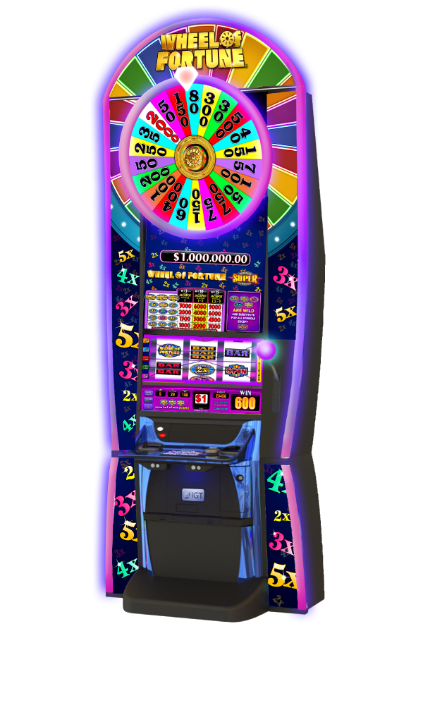 MEGATOWER video slot cabinet featuring Wheel of Fortune Super Times Pay MEGATOWER wide area progressives slot game. 