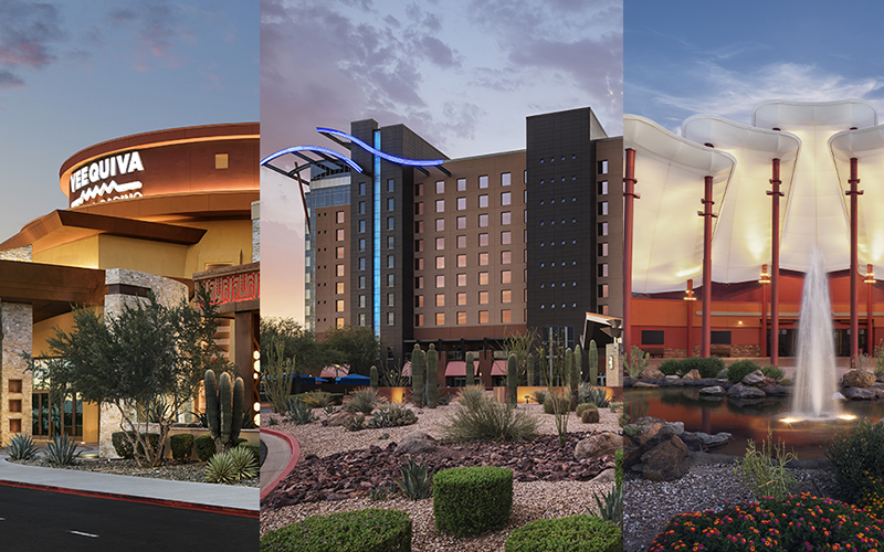 Pictures of the outside of three different casino buildings with a pretty sunset behind each of them. 