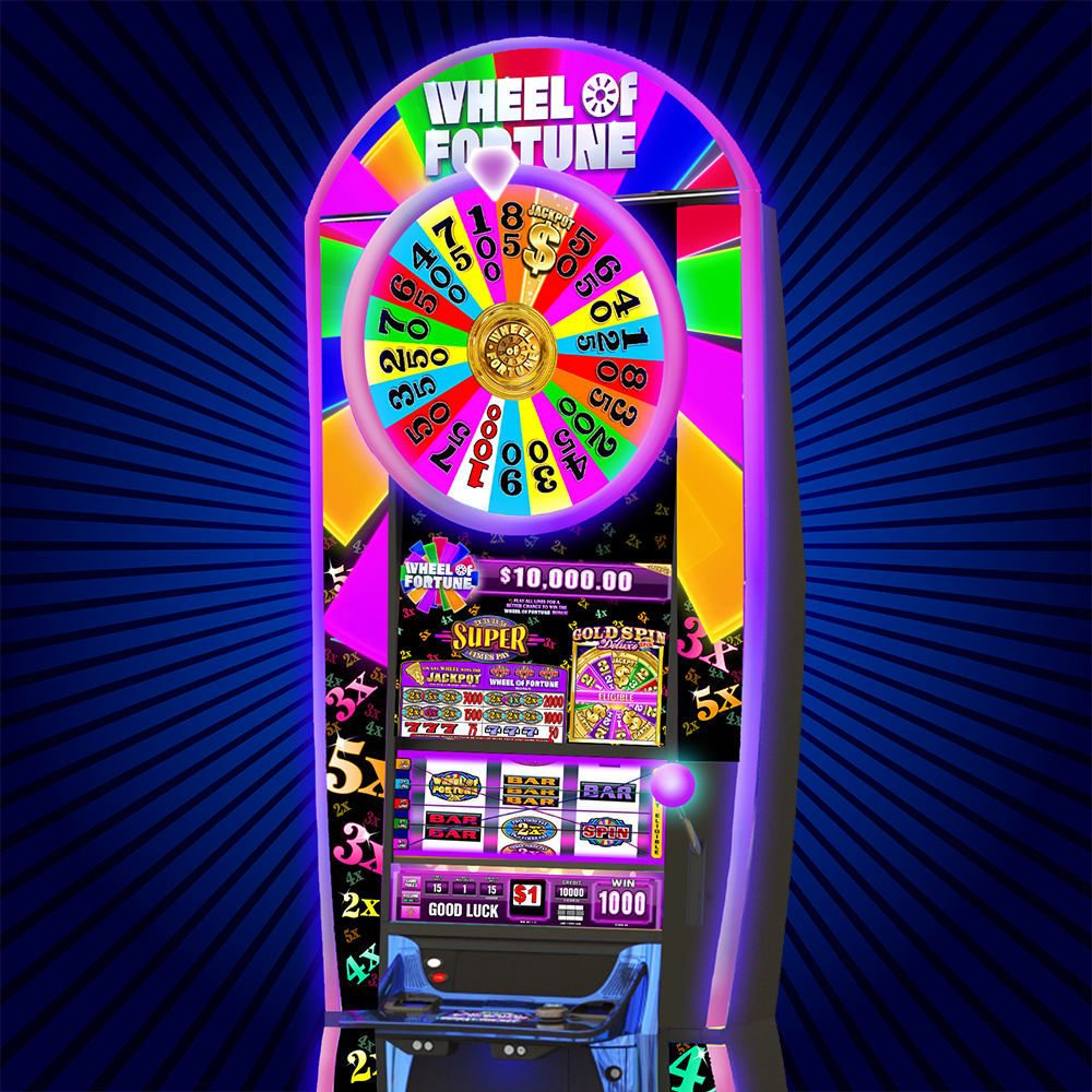 IGT's MEGATOWER slot cabinet featuring Wheel of Fortune Gold Spin Deluxe  Multi-Spin Edition Super Times Pay Megatower Wide area progressive slot title. 