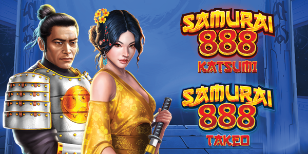 Two characters from IGT's Samurai 888 - featuring the logos for the Katsumi and Takeo editions 