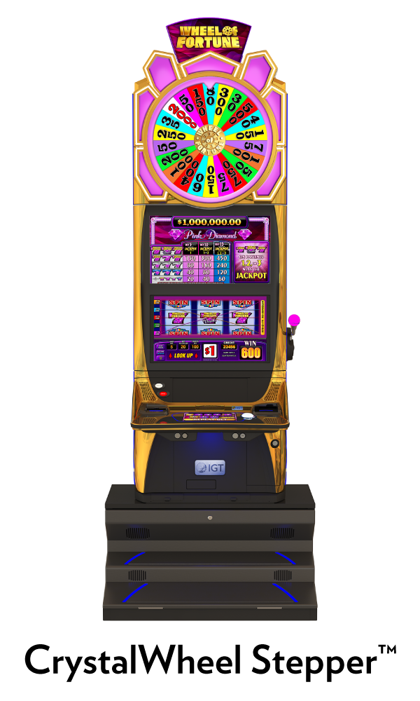 IGT Crystal Wheel Stepper premium slot cabinet Featuring Wheel of Fortune Diamond Spins 2X Wilds. 