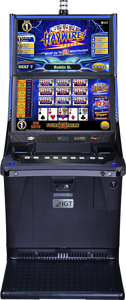 IGT's Haywire video poker tournaments game on a crystal slant cabinet. 