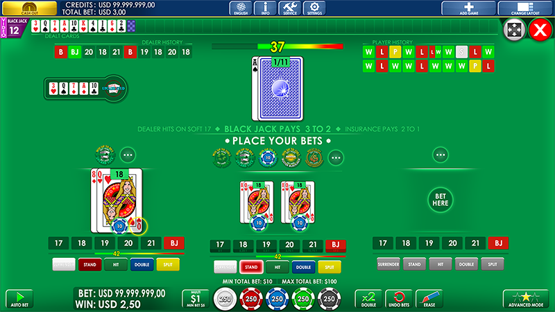 A screen from IGT's Blackjack electronic table game showing a virtual blackjack table for players. 