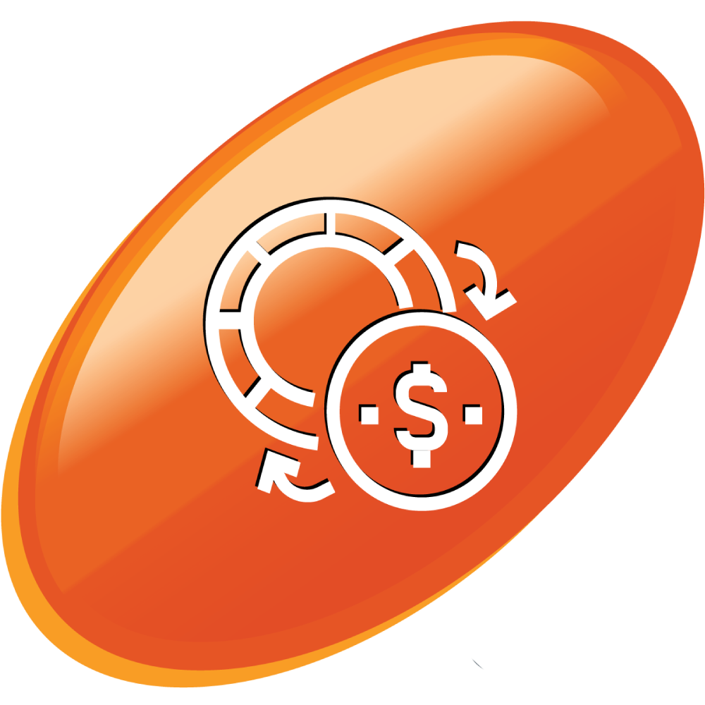 Orange and White IGT ADVANTAGE Cage and Table Accounting logo featuring a poker chip and dollar coin with arrows being exchanged between them on an orange oval. 