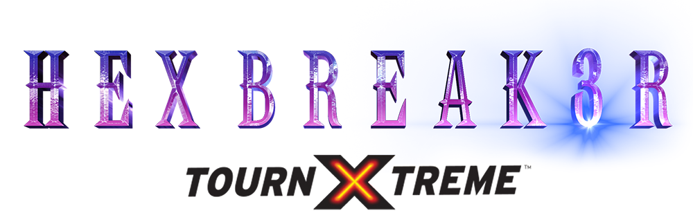 A large blue and purple text logo for IGT's Hexbreaker core video slot tournaments using our Tournxtreme slot tournament management solution.