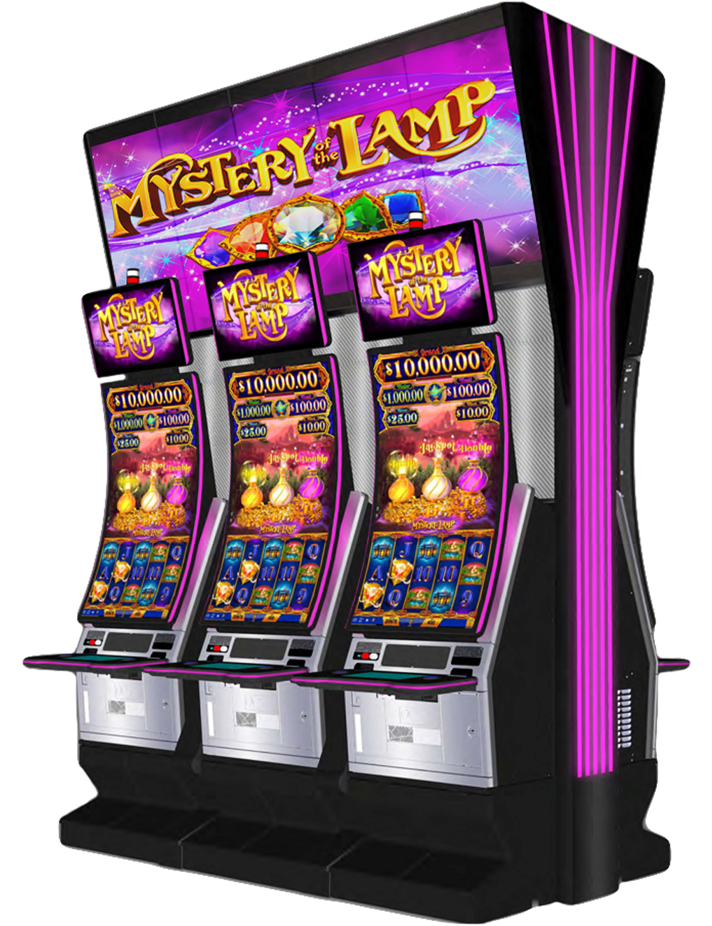 Three PeakCurve 49 video slot cabinets featuring IGT's Mystery of the Lamp premium video slot game 