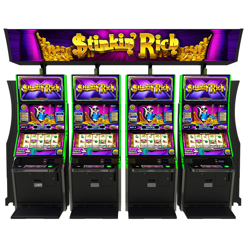 A bank of four IGT Ascent video slot cabinets featuring Stinkin' Rich video slot tournaments. Wow players with this exciting progressive video slot Tournament game!