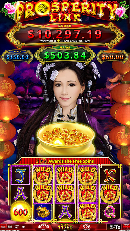 Prosperity Link Cai Yun Heng Tong Screen with a woman wearing purple holding a pot of gold coins on a purple and red lantern background, showcasing 8 random wild bonuses in this Prosperity Link title. 