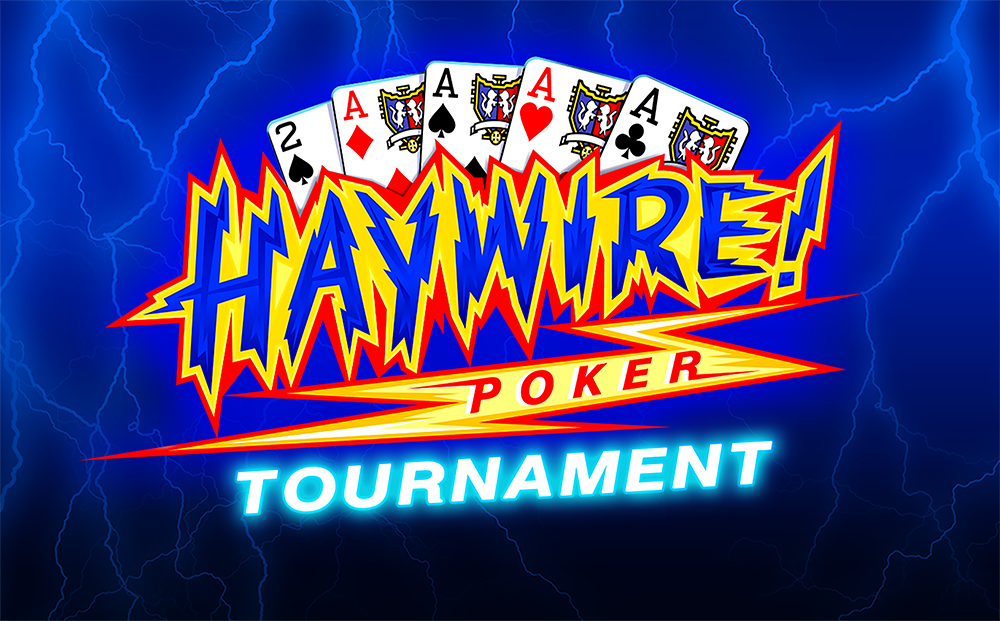 A blue yellow and red logo for IGT's Haywire video poker tournaments on a blue background with lightning bolts. 