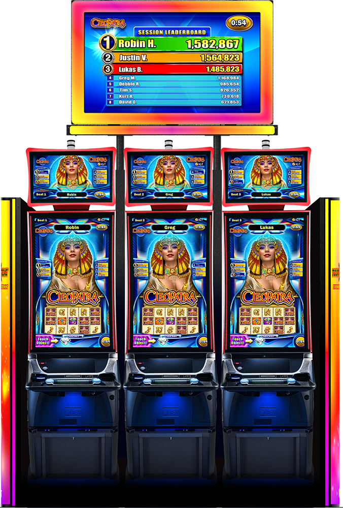 A bank of three video slot cabinet's featuring IGT's iconic Cleopatra video slot tournament game. Leverage this iconic title to bring excitement to your slot tournaments! 