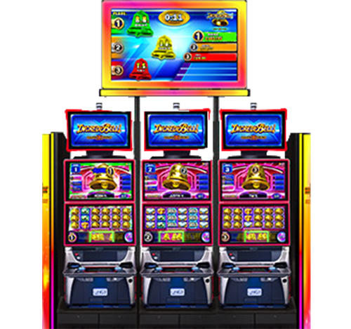 A bank of three IGT core video slot cabinets featuring IncrediBell! Tournaments video slot games. This exciting level based tournament challenges players to race to the top and beat the competiton