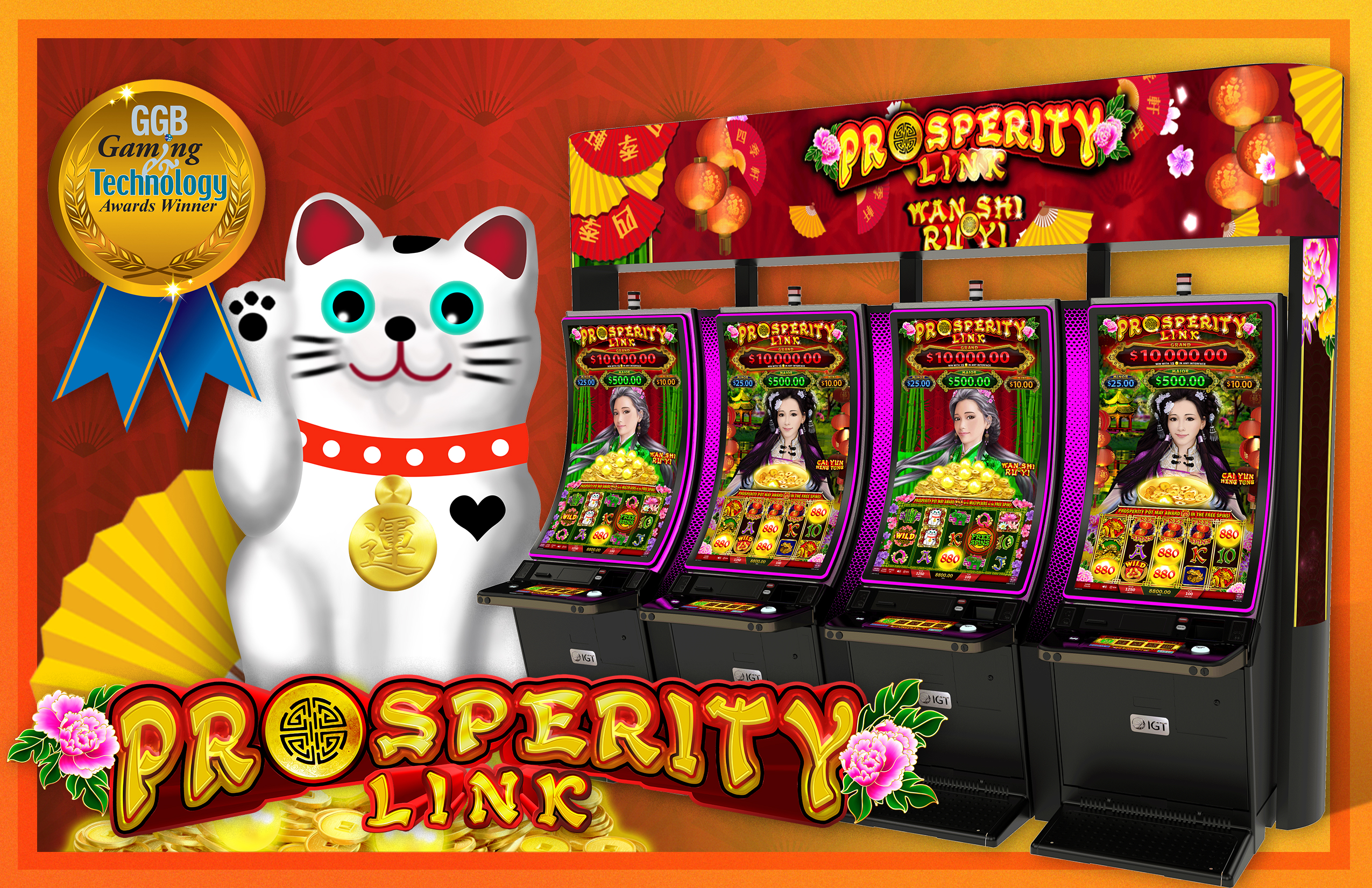 rosperity Link GGB Gaming Technology Award Winner, featuring Cat character and 4 multi-level progressive slot machine cabinets