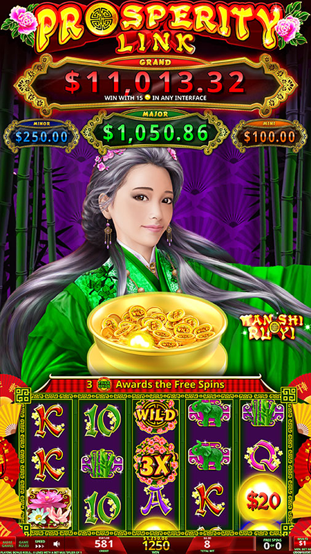Prosperity Link Wan Shi Ru Yi game screen featuring a woman in a green robe with a purple background and reels featuring K, 3X, 10, and extra multiplier golden orbs. 