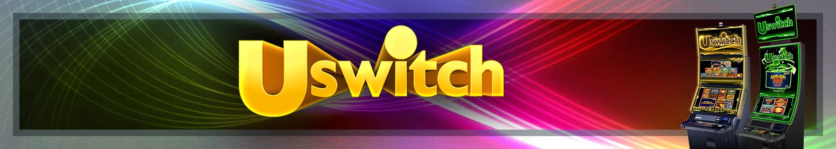A yellow IGT Uswitch multigame logo with two casino cabinet's on a linear rainbow background
