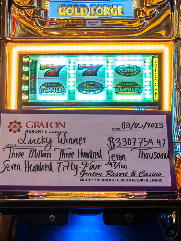 A check for a $3,307,754 jackpot winner on IGT's MEGABUCKS Gold Forge wide area progressive video slot game. 