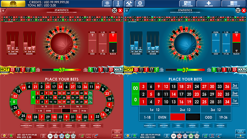 A screenshot of IGT's Roulette electronic table game with a split screen of two roulette game options. 