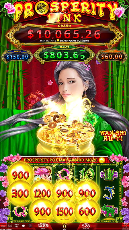 A screen image of Prosperity link WanShi Ru Yi incluing a female character in a green robe, a pot of gold coins, and 8 golden orbs highlighted on the game screen