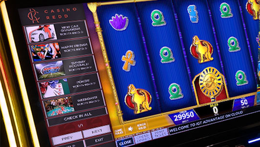 A slot machine with IGT Advantage's service window featuring the virtual drawing sweepstakes manager 