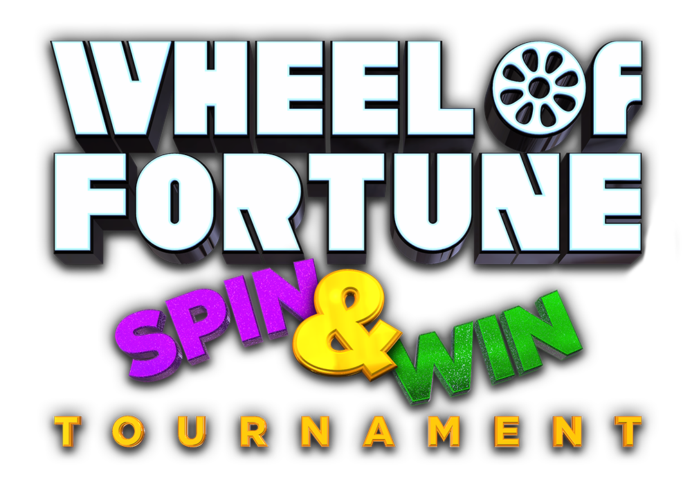 White, yellow, purple, and green Wheel of Fortune Spin and Win Slot Tournament logo