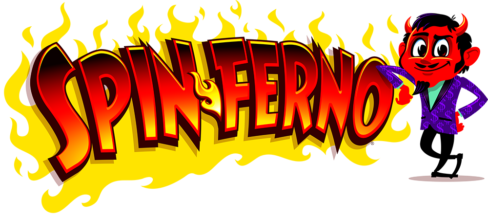 IGT's red flaming Spinferno stepper tournament slot logo featuring Burnie the devil