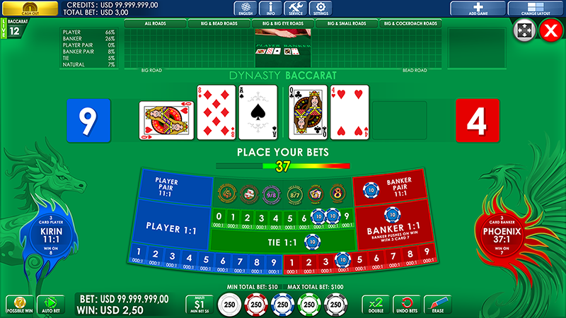 A Screenshot from IGT's Baccarat Electronic Table Game featuring a virtual blackjack table with chips, bets, and cards. 