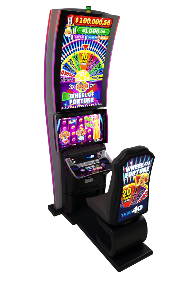 IGT's CrystalCurveTrue4D video slot cabinet featuring wheel of fortune titles.