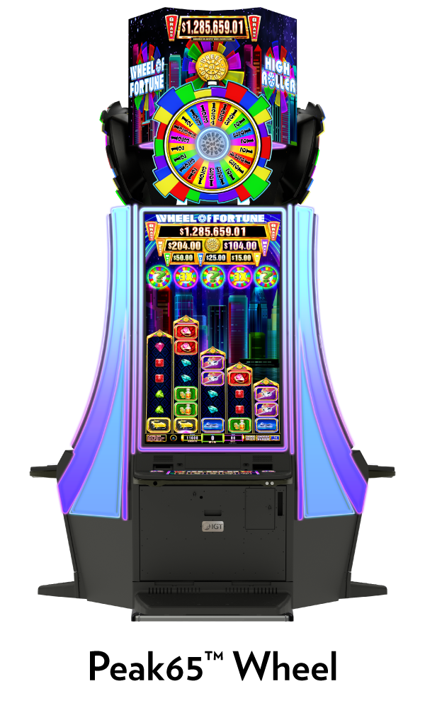 IGT Peak65 with Wheel video slot cabinet featuring Wheel of Fortune Lucky Coins on Tour. 