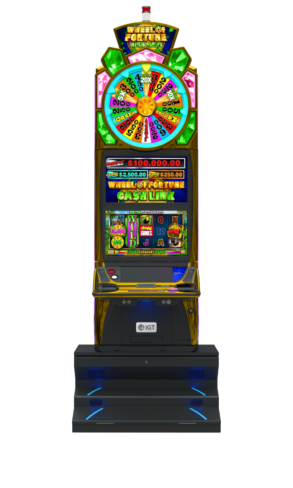 IGT's Crystal Wheel Video slot cabinet featuring Wheel of Fortune Cash Link Wide Area Progressives slot games. 