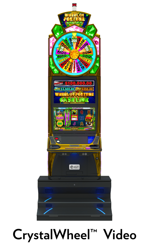 IGT Crystal Wheel Video premium video slot cabinet featuring Wheel of Fortune Cash Link High Limit Latin Getaways. 