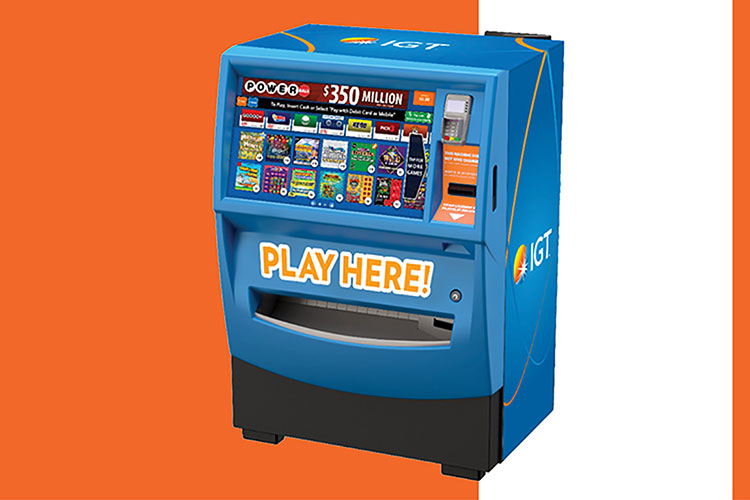 A blue instant ticket vending machine on an orange and white background